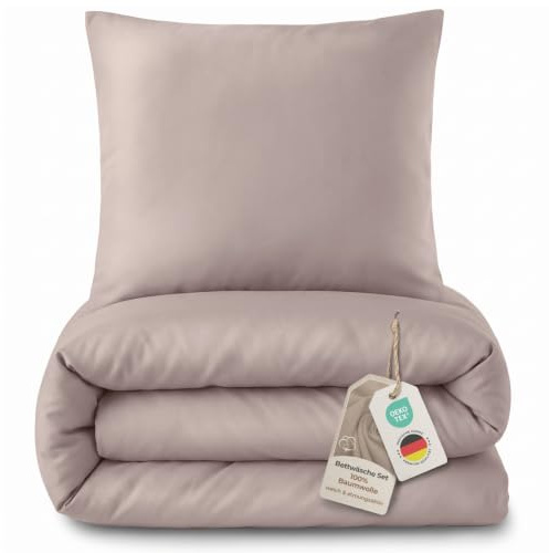 LAYNENBURG Premium Mako Satin Bettwäsche in 135x200 + Kissenbezug 80x80 cm - 100% Baumwolle – Oeko-TEX 100 - kühlende, temperaturausgleichende Sommer-Bettwäsche mit Reißverschluss (Taupe)