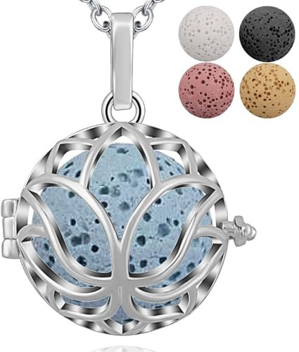 INFUSEU aromaterapia Olio Essenziale diffusore Donne Collana, Argento Placcato Profumo di Loto Profumo Ciondolo Aroma con 5 Pietra lavica Pietra Perline e Catena 24