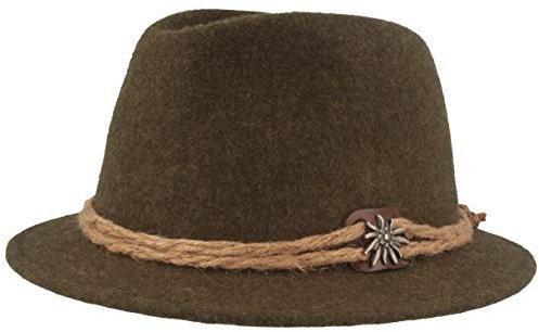 Breiter Herren Trachtenhut Filzhut Wanderhut Tiroler-Art 100% Wolle mit Hanfkordel, Edelweiss & schmaler Krempe Oliv L