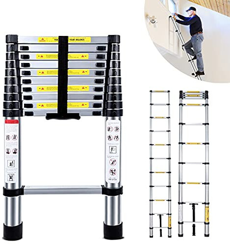 Escalera retráctil de 3,2 m, con capacidad de carga de 330 libras, de aluminio, recta, 11 pasos, plegable, multiusos, para el hogar, la oficina o el hogar