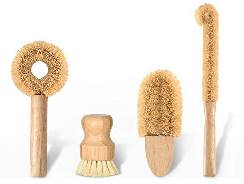 SUBEKYU Kitchen Scrub Brush Set of 4, All Natural Cleaning Brushes for Dish/Bottle/Vegetable/Pan/Pot, Scrubber with Bamboo Handle and Coconut Fibers Bristles