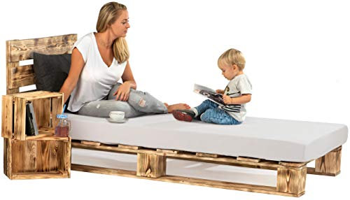 sunnypillow 100x200 cm Palettenbett mit Kopfteil Holzbett Massivholzbett Bett aus Paletten Palettenmöbel Geflammt Vintage europalette 80 90 100 120 140 160 180 200 220 240 x 200cm