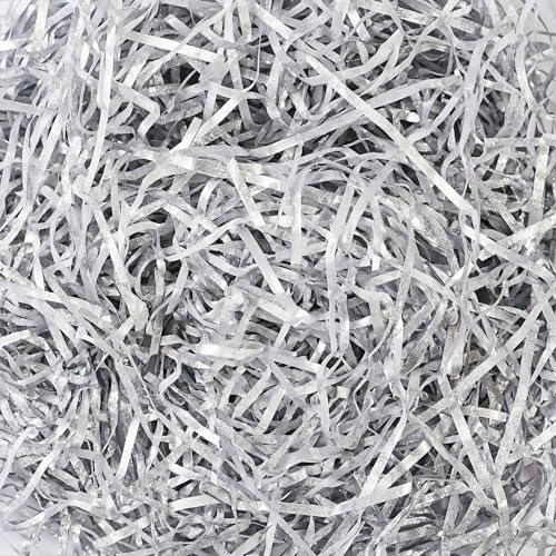 LJY Silver Glitter Crinkle Paper Shred, 100 g for Hamper Filling | The metallic appearance creates a visible accent layer around dry presentation items