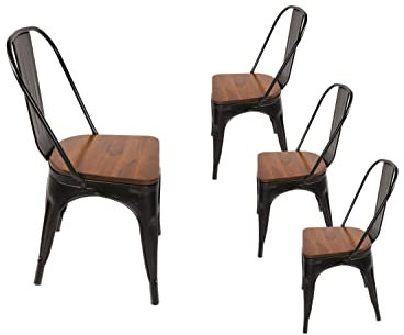 SAM 4er Set Metallstuhl Lina, Schwarz matt, Sitz aus massivem Pinienholz, Esszimmerstuhl im Industrial-Design, stapelbarer Bistrostuhl