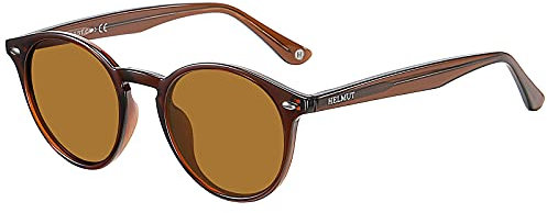 H HELMUT JUST Herren Damen Sonnenbrille Rund Retro Polarisierte Linse Braune Getönte Gläser Leichter TR90 Rahmen Acetatbügel