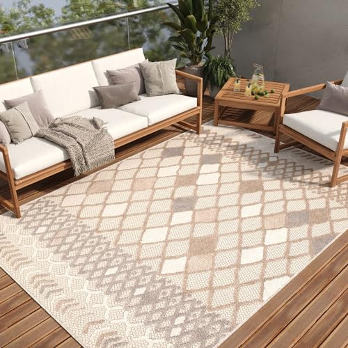 TAPISO Patio Teppich Indoor Outdoor Creme Beige Grau Marokkanisch Ethno Boho Design Wetterfest Flachgewebe Terrasse Wohnzimmer ÖKO-TEX 80 x 150 cm | strapazierfähiger Teppich UV-beständig Flachgewebe Sisaloptik Robust Wetterfest Terrasse Wintergarten Balkon OEKO-TEX