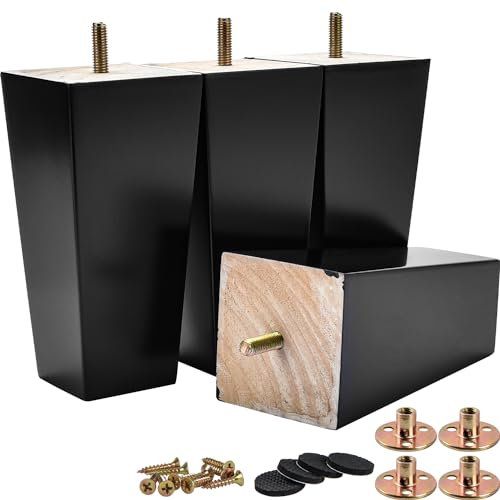 TCHOSUZ 6 inch / 15cm Wooden Furniture Legs, Pack of 4 Mid Century Modern Solid Wood Black Pyramid Square DIY Replacement Feet with M8 Hanger Bolts & T-Nuts for Sofa Couch Armchair Bed Riser