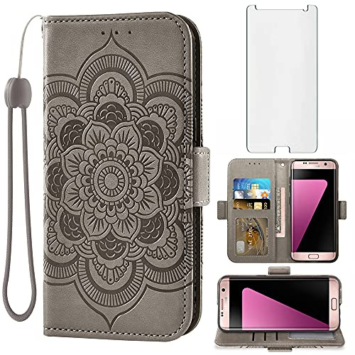 Asuwish Handyhülle für Samsung Galaxy S7 Hülle mit Glas Folie Schutzfolie Kartenfach Klappbar Leder Geldbörse Ständer S 7 7S SM-G930F SM G930F Handy Hüllen Mandala Schutzhülle Cover Phone Case Grau