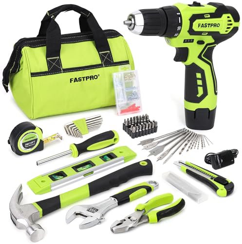 FASTPRO 175 Stück 12V Akku-Bohrschrauber Set Bohrschrauber und Home Tool Kit Haus Reparatur Werkzeug mit 12 Zoll Lagerung Werkzeugtasche für DIY Home Maintenance Grün