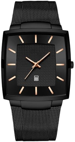 RORIOS Herren-Armbanduhr, Business, Armbanduhr mit Edelstahl-Mesh-Armband, analog, modisch, analog, Quarz, minimalistisches Zifferblatt, ultradünn, Armbanduhr für Herren, Schwarz, Armband