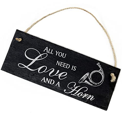 Schiefertafel Deko Horn Schild 22 x 8 cm - All you need is Love and a Horn - Wanddeko Dekoration Türschild