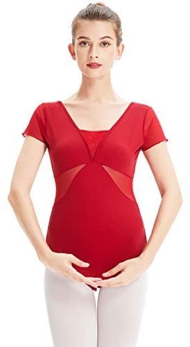 boruizhen Ballett Trikot Damen Turnanzug Mädchen Kurzarm Gymnastikanzug Mesh Tanztrikot mit BH-Pad Rot,M