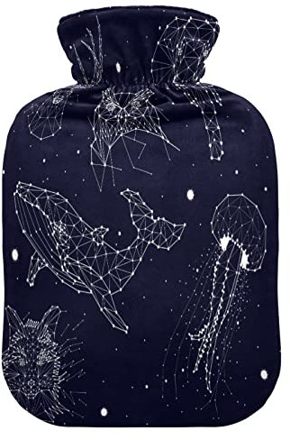 Mnsruu Bouillotte avec housse en velours - 1 L - Transparente - Pour soulager la douleur de la main - Motif constellation spatiale - Éléphant, hibou, cerf, baleine