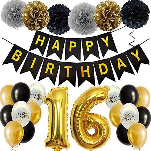 Feelairy Ballons 16. Geburtstag Deko Mädchen, Schwarz Gold Geburtstagsdeko 16 Jahre Junge, Happy Birthday Deko Konfetti Luftballons Deko 16 Geburtstag Mädchen Junge 16 Geburtstag Deko Kinder