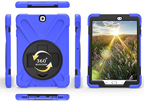 Coque Étui Antichoc Samsung Galaxy Tab S2 9.7 T819 T818 T815 T813 T810, Étui Armure Robuste avec Support Rotatif à 360° et Dragonne Réglable (Bleu)