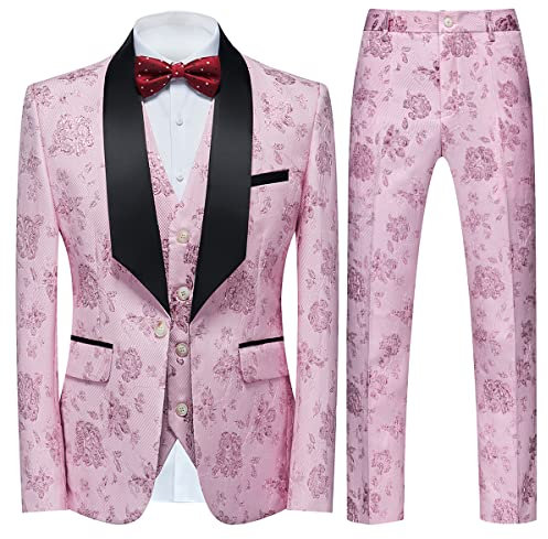 Tuxedo Suits for Men 3 Piece Regular Fit Suit Floral Pattern Blazer Jacket Waistcoat Pants Men Suit Set for Wedding Baby Pink