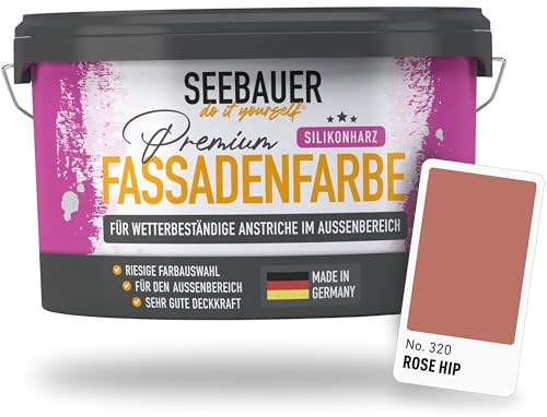 SEEBAUER diy Silikonharz-Fassadenfarbe Rot 5L für Außen (No. 320 Rose Hip) Selbstreinigende Fassadenfarbe mit Lotuseffekt - Geeignet für Putz, Mauerwerk und Beton