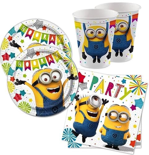 Set Compleanno dei Minions fino a 8 persone, Kit Festa Decorazioni Addobbi da Tavola Stoviglie Minion Cattivissimo Me per Party Anniversario Halloween Bambino 8 piatti, 8 bicchieri, 20 tovaglioli