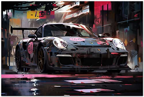 Printonia Leinwandbild 120x80cm Porsche 911 GT3 Need for speed Sportwagen GTA Abstrakt Anime Art Bilder Dekoration Wandbild Kunstdruck Automobil Deko