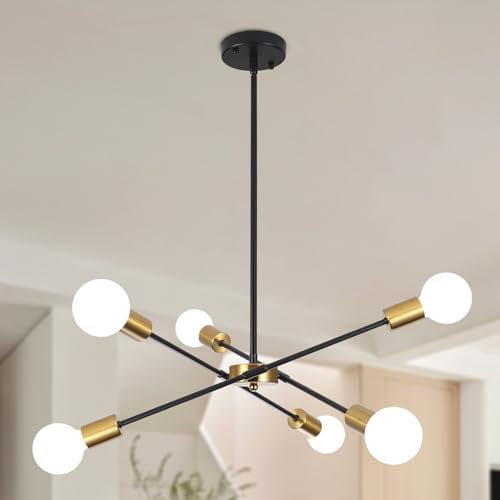 QAREHL Sputnik Lampe Kronleuchter Modern, Kronleuchter Schwarz Gold 6 Flammig Wohnzimmerlampe Hängend für Esstisch, Schlafzimmer, Küche, Flur, E27, Höhenverstellbar
