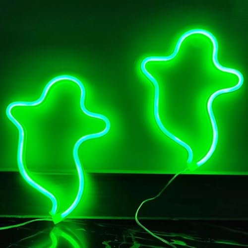 2 Stück Geister Halloween LED Ghost Neonschilder Horror Deko Nachtlampe Gothic Lichter Halloween Gruselige Innendekoration für Schlafzimmer, Wohnheim, Wand, Fenster, Weihnachtsfeier (Grün)