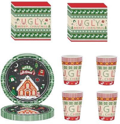 Ugly Christmas Sweater Party Tableware Set Decor,20 Paper Napkins 16 Paper Cups 16 Paper Plates,Disposable Paper Dinnerware Christmas Decorations for Him,Her,Adults,Kids Xmas Party Favor Tableware