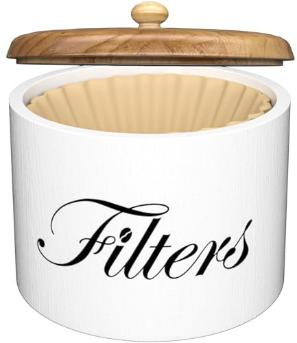 Support de filtre à café en bois avec couvercle, récipient rond pour comptoir, accessoires de bar à café rustique (blanc)