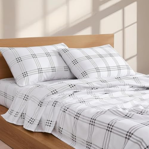 Linen Closet Ensemble de draps en Flanelle 100% Coton, Douce et Confortable, pour très Grand lit - Motif Tartan Gris