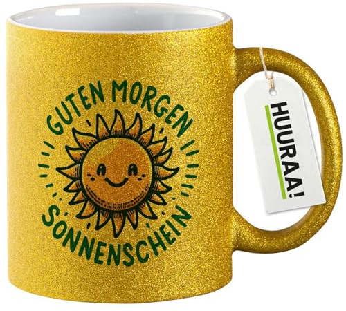 Huuraa Glitzertasse Guten Morgen Sonnenschein Sonne Geschenk | Motivtasse 330ml Glitzer Tasse mit Spruch Gold Keramik Kaffeebecher Geschenkidee Goldener Glitter Becher mit Motiv