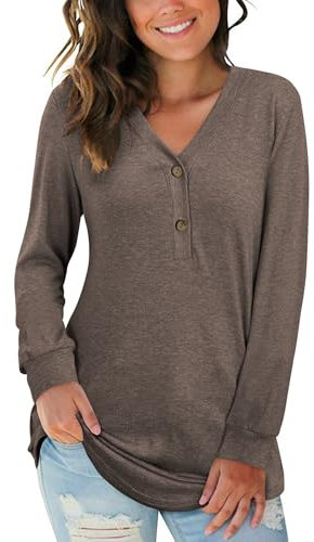 AUSELILY Women's Long Sleeve Tops V-Neck Jumpers Causal Button Down Sweatshirts Loose Henley T Shirt Blouse(Coffee,XL)