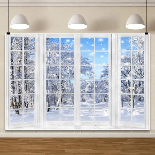 Renaiss 2.2x1.5m Fenster Schnee Szene Fotografie Hintergrund Winter Wald Schnee Kulisse Winter Weihnachten Heimdekoration Party Banner Vinyl Foto Studio Requisiten