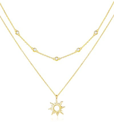 FANCIME Layered Kette Damen mit Sonne Anhänger, 14K Gelbgold Vergoldet Personalisierte Zarte Mehrreihige Halskette, 925 Sterling Silber Halskette Schmuck für Damen Mädchen