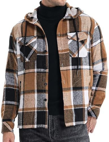 Elegancity Herren Jacke Kariertes Hemdjacke Langarm Hoodie Shirts Kapuzenpullover Freizeitjacke Sweatjacke Sportjacke Blousonjacke Winter Jacket Braun L