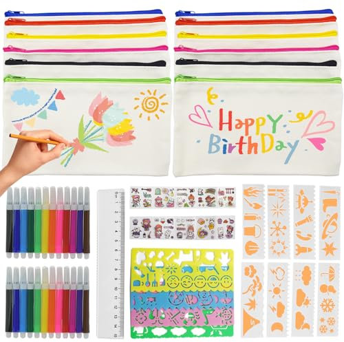 PXBSNB 12 Stück Blanko Stoff Federmäppchen, Federmäppchen zum Bemalen, Mäppchen zum Bemalen mit Reissverschluss, DIY Stofftasche für Basteln Kindergeburtstag Kosmetiktasche Aufbewahrung,21 x 12 cm