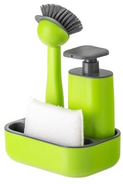 Avilia Grünes Küchenset mit Schwammhalter, Seifenspender für Geschirr und Bürste – Ideal zum Organisieren und Ordnen Ihres Spülbeckens – Hergestellt aus robusten und langlebigen Materialien