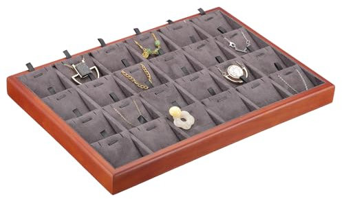 PATIKIL Plateau De Présentation De Joyau En Bois Velours À Grille 24 Grilles Avec Inserts Amovibles Plateau De Rangement De Joyau Pour Boucles D'Oreilles Colliers Pendentifs Chaînes Gris