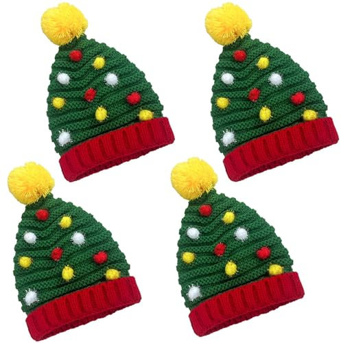 usefulbeauty 4 Stück Gestrickte Weihnachtsmütze - Nikolausmütze - Weihnachtsbaum Mütze - Weihnachts Strickmütze - Pompon Mütze | Für Festliche Partys Im Neuen Jahr
