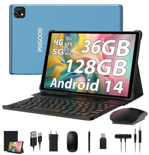 PIXGOOD Tablet 10 pollici 4G lte e 5G WiFi, Android 14.0 Octa-Core, 36GB RAM, 128GB ROM (1TB Espandibile), INCELL 1980 * 1200, 13MP+8MP, Tablet in offerta con Tastiera etc, GPS/Bluetooth (Blu)