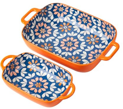 ONCCI - Juego de 2 platos rectangulares de porcelana pintada a mano con asas, grande de 12.5 x 7.4 pulgadas y 9.5 x 5.4 pulgadas para horno, cocina, cocina (azul rey)