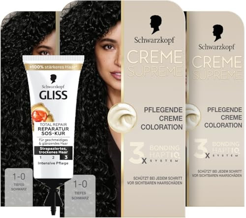 Schwarzkopf Creme Supreme Coloration 1-0 Tiefes Schwarz (3x 182 ml), dauerhafte Haarfarbe mit Serum und Haar-Maske & SOS-Intensiv-Kur Total Repair (15 ml), Haarkur mit Keratin