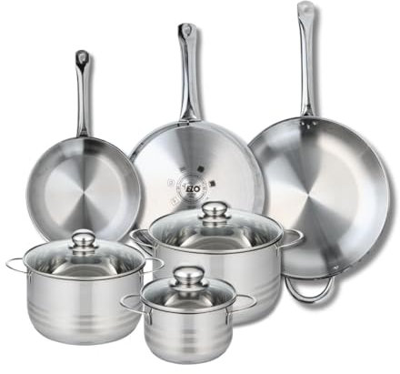 ELO 9886950 Batterie de cuisine 6 pièces, Ensemble de 3 Poêles de cuisson 24, 28 et 32 cm et 3 faitouts 16, 20 et 24 cm Elo Profi Brillant, inox, induction