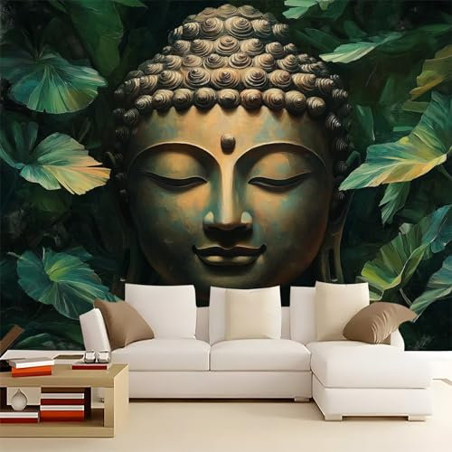 3D Panoramic Self-Adhesive Wallpaper Mural Painting Leaf Buddha Premium Art Print on Peel and Stick Material Green Mural Poster Decoration 350 x 256 cm for Bedroom Living Room