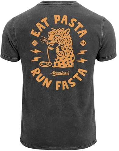 Neverless® Herren Vintage T-Shirt Backprint Eat Pasta Run Fasta Leopard Grafikshirt Printshirt Aufdruck Used Look Fashion Männer