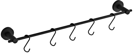 Kitchen Utensil Rack with 5 Hooks,Wall Mounted Hanger & Organizer for Knives, Pots, Pans, Bags, Utensils & Bathroom Towel Bar, 22 Inch/55.2 CM, Black Stainless Steel, YIGUANXIN
