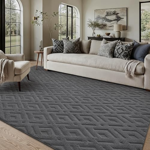 PureCozy Teppich 160x230cm Grau Wohnzimmer Schlafzimmer Flauschiger Teppiche Waschbarer Weich Groß Fellteppich Carpet Modern rutschfest Esszimmer BüRo 3D Effect Rautenmuster Faux Fur