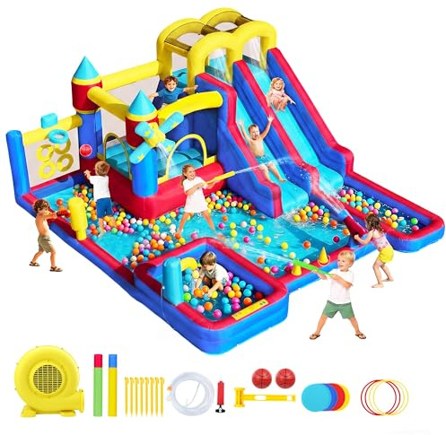 Sportbob Bouncy Castle with Double Slide, Inflatable Bouncy Castle with Blower, Paddling Pool, Jumping Area, Climbing Wall,Ideal for Indoor Outdoor