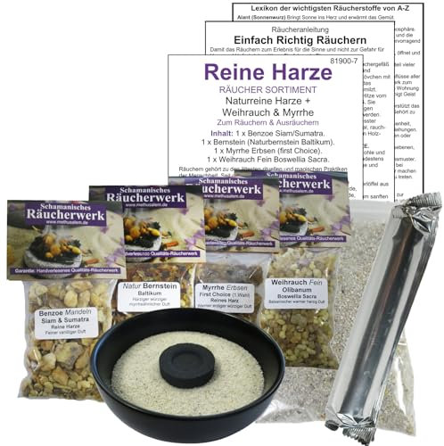 4 x Reine HARZE (200ml) 9-TLG RÄUCHERSORTIMENT (5 x ZUBEHÖR). BENZOE Siam/Sumatra + Bernstein + MYRRHE Erbsen + WEIHRAUCH Olibanum BOSWELLIA Sacra zum Räuchern & Ausräuchern. 81900-7S