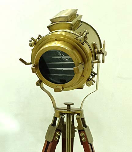 Vintage Industrial Designer Nautical Spot Light Antique Wooden Tripod Floor Lamp