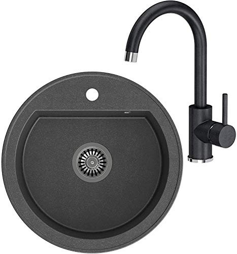 VBChome Spülbecken mit Spültischarmatur Schwarz Granit 51 cm Round Einzelbecken Küche Einbauspüle Küchenspüle + Siphon Waschbecken + 360°drehbar U- Form Wasserhahn Einhebel Kalt-warm