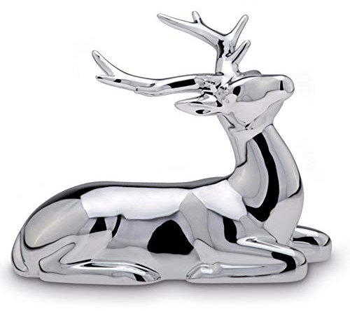 Kleine liegende Porzellan Deko Rentier Figur - silbern glänzende Hirsch Geweih Weihnachts-Deko zum Hinstellen Höhe 11 cm